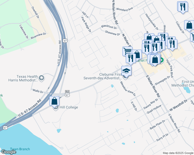 map of restaurants, bars, coffee shops, grocery stores, and more near 1910 West Henderson Street in Cleburne