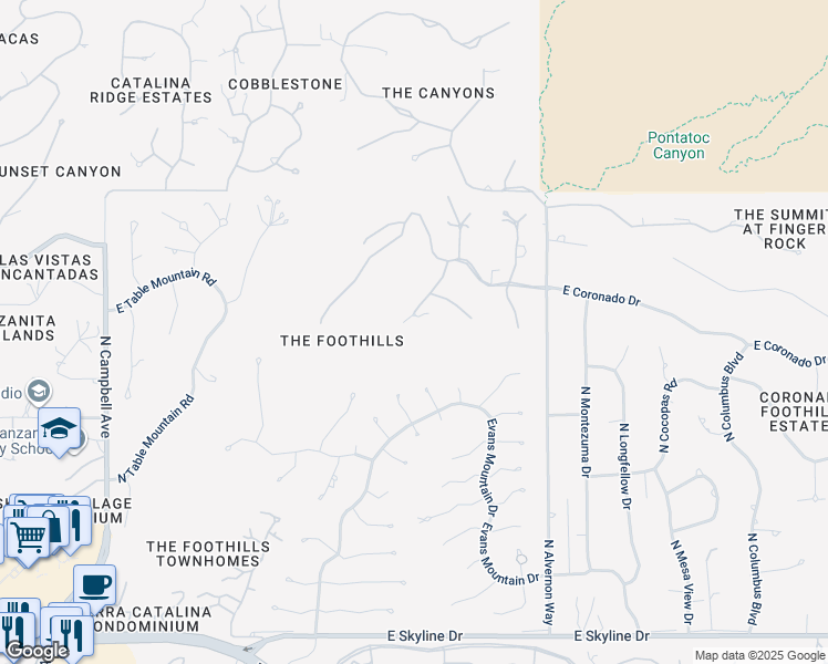 map of restaurants, bars, coffee shops, grocery stores, and more near 6952 North Finger Rock Place in Tucson