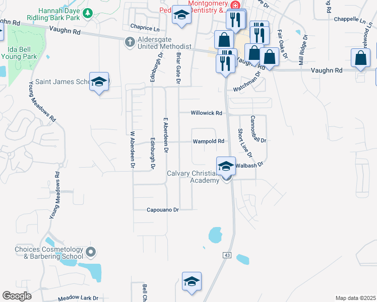 map of restaurants, bars, coffee shops, grocery stores, and more near 2213 South Sutherland Drive in Montgomery