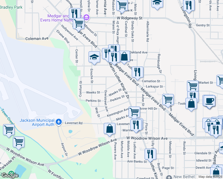 map of restaurants, bars, coffee shops, grocery stores, and more near 1340 Weeks Street in Jackson