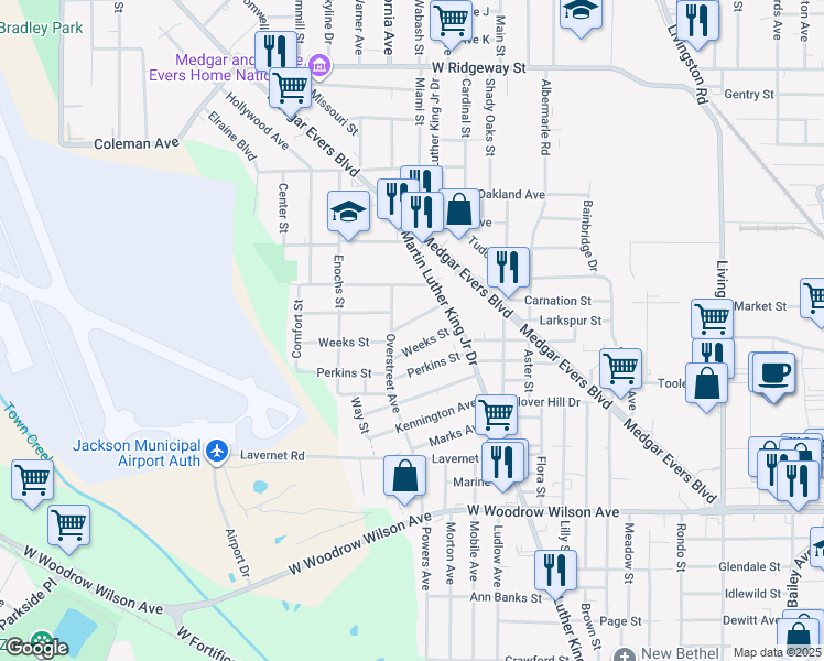 map of restaurants, bars, coffee shops, grocery stores, and more near 1340 Weeks Street in Jackson