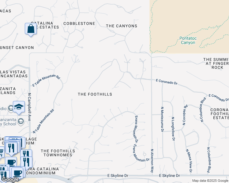 map of restaurants, bars, coffee shops, grocery stores, and more near 6952 North Finger Rock Place in Tucson
