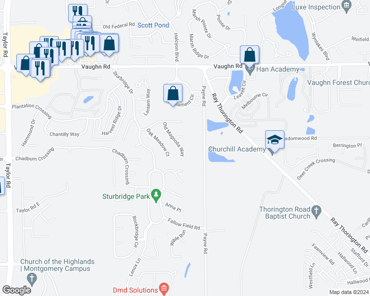 map of restaurants, bars, coffee shops, grocery stores, and more near 8859 Old Magnolia Way in Montgomery