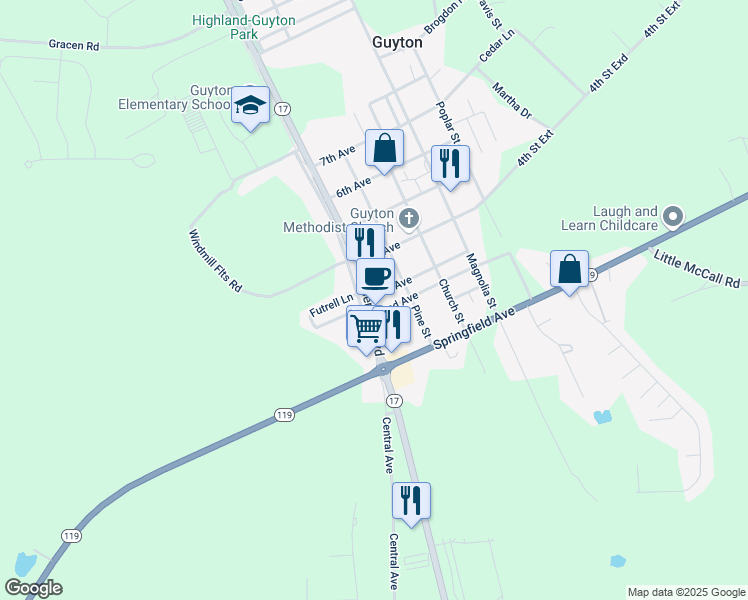 map of restaurants, bars, coffee shops, grocery stores, and more near 202 Central Boulevard in Guyton