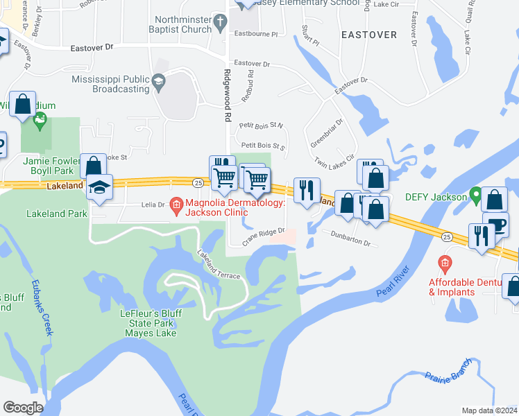 map of restaurants, bars, coffee shops, grocery stores, and more near 1865 Lakeland Drive in Jackson