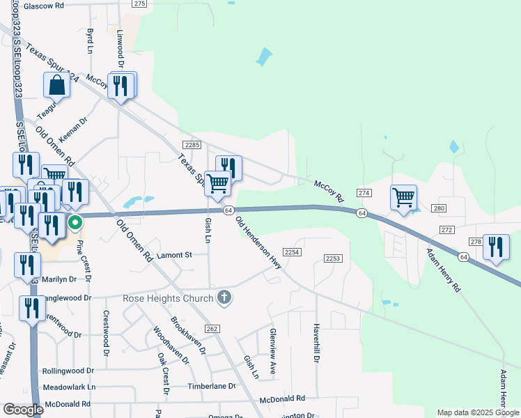 map of restaurants, bars, coffee shops, grocery stores, and more near 8942 State Highway 64 in Tyler