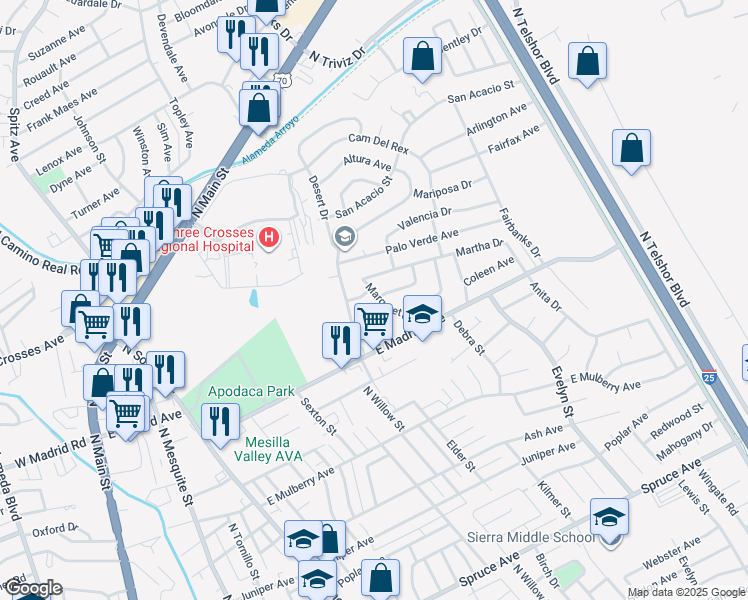 map of restaurants, bars, coffee shops, grocery stores, and more near 2215 Margaret Street in Las Cruces