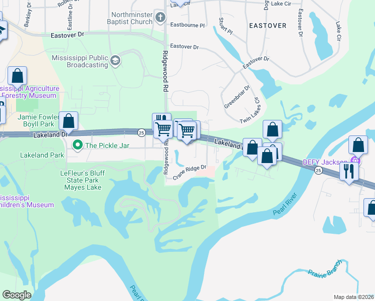 map of restaurants, bars, coffee shops, grocery stores, and more near 1855 Lakeland Drive in Jackson