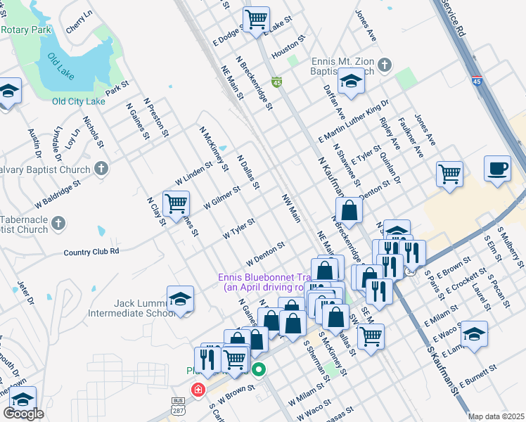 map of restaurants, bars, coffee shops, grocery stores, and more near 204 West Tyler Street in Ennis