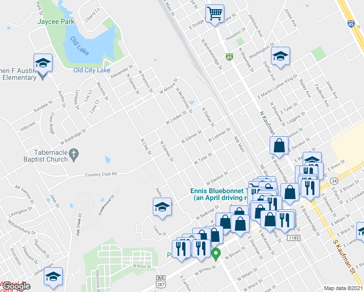 map of restaurants, bars, coffee shops, grocery stores, and more near 501 West Gilmer Street in Ennis