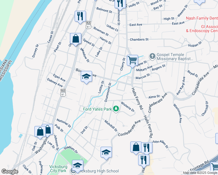 map of restaurants, bars, coffee shops, grocery stores, and more near Drummond Street in Vicksburg