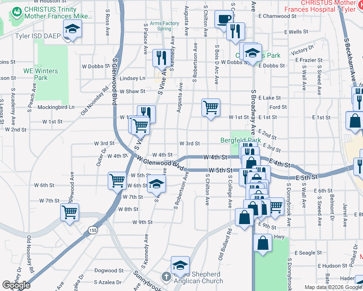 map of restaurants, bars, coffee shops, grocery stores, and more near 1510 Augusta Avenue in Tyler