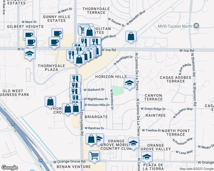map of restaurants, bars, coffee shops, grocery stores, and more near 6908 North Galaxy Place in Tucson