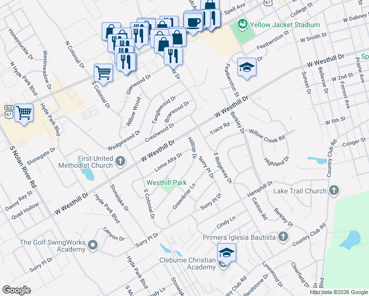 map of restaurants, bars, coffee shops, grocery stores, and more near 1206 Hilltop Drive in Cleburne