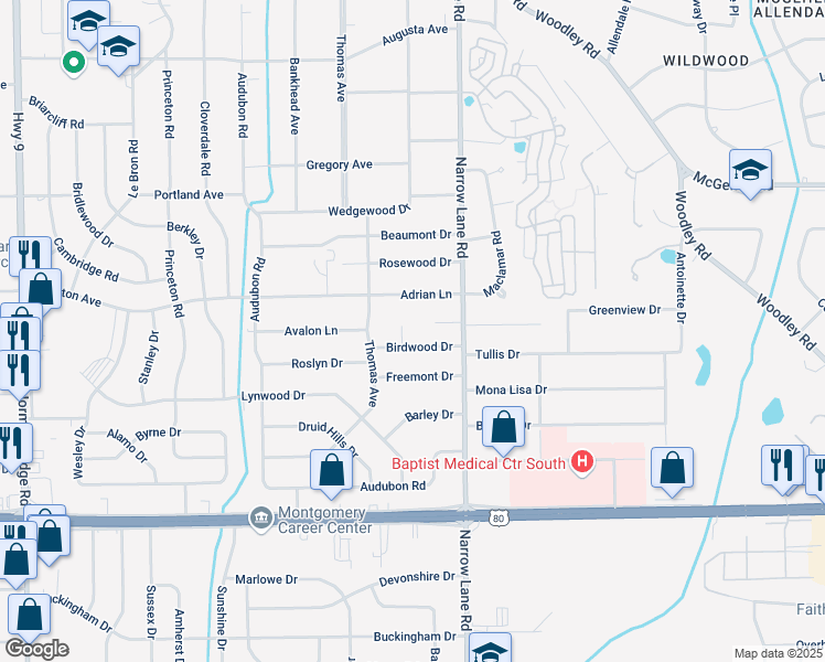 map of restaurants, bars, coffee shops, grocery stores, and more near 1100-1198 Birdwood Ct in Montgomery