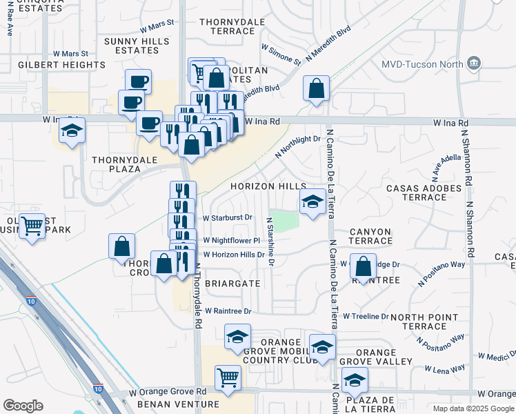 map of restaurants, bars, coffee shops, grocery stores, and more near 6908 North Galaxy Place in Tucson