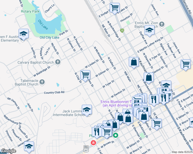 map of restaurants, bars, coffee shops, grocery stores, and more near 503 West Gilmer Street in Ennis