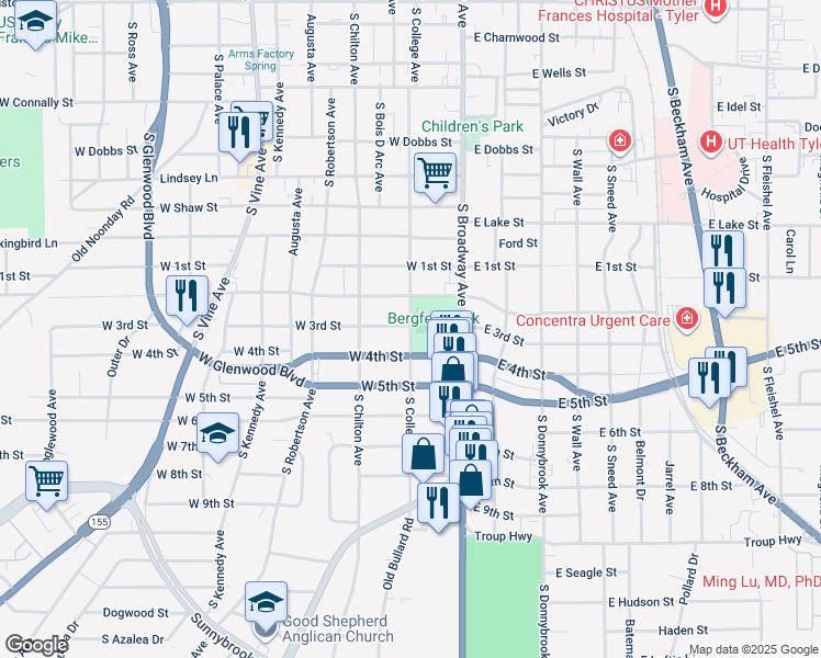 map of restaurants, bars, coffee shops, grocery stores, and more near 1598 S College Ave in Tyler