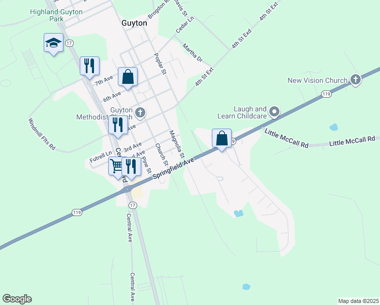 map of restaurants, bars, coffee shops, grocery stores, and more near 408 Springfield Avenue in Guyton