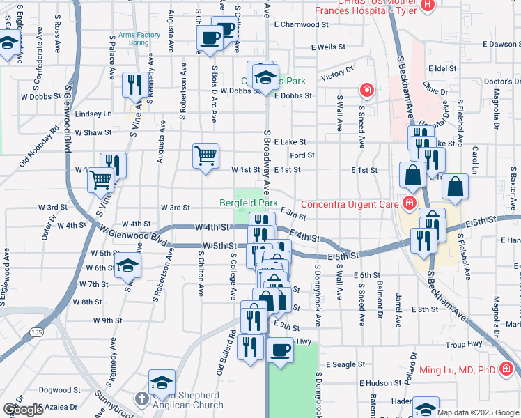 map of restaurants, bars, coffee shops, grocery stores, and more near 1501 South Broadway Avenue in Tyler