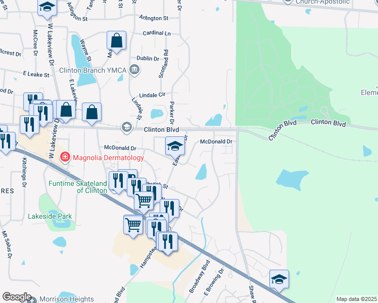 map of restaurants, bars, coffee shops, grocery stores, and more near 505 McDonald Drive in Clinton