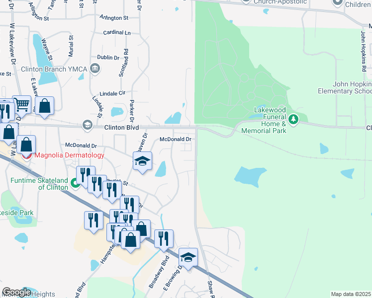 map of restaurants, bars, coffee shops, grocery stores, and more near 606 Shaw Road in Clinton