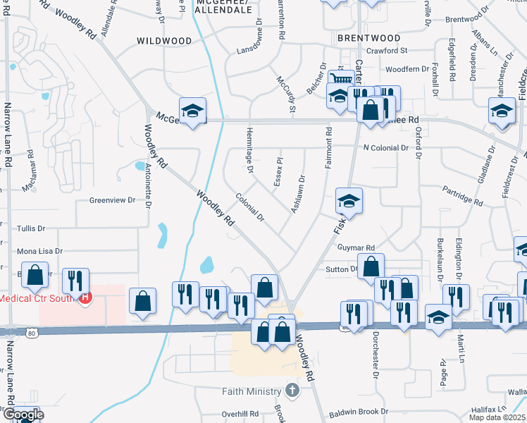 map of restaurants, bars, coffee shops, grocery stores, and more near 2837 Colonial Drive in Montgomery