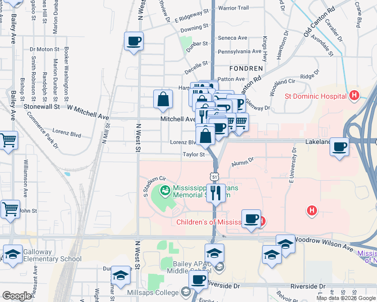 map of restaurants, bars, coffee shops, grocery stores, and more near 427 Taylor Street in Jackson