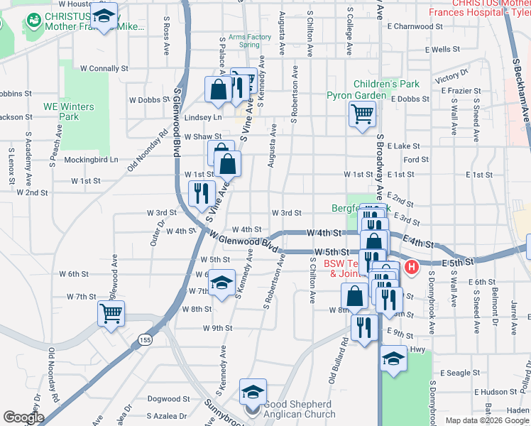 map of restaurants, bars, coffee shops, grocery stores, and more near 1510 Augusta Avenue in Tyler