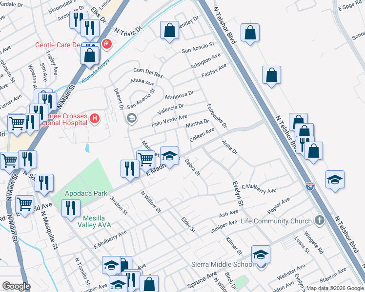 map of restaurants, bars, coffee shops, grocery stores, and more near 1655-1699 East Madrid Avenue in Las Cruces