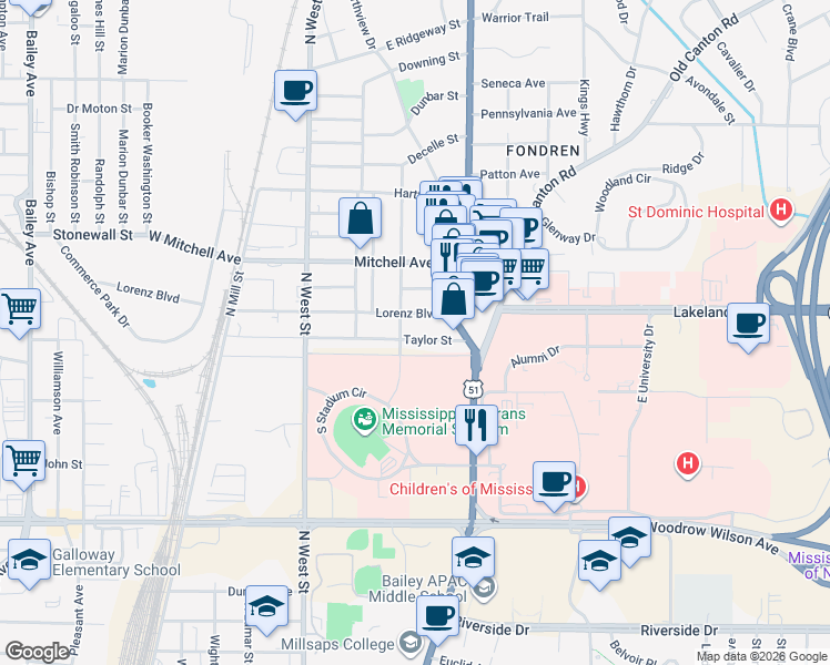 map of restaurants, bars, coffee shops, grocery stores, and more near 427 Taylor Street in Jackson