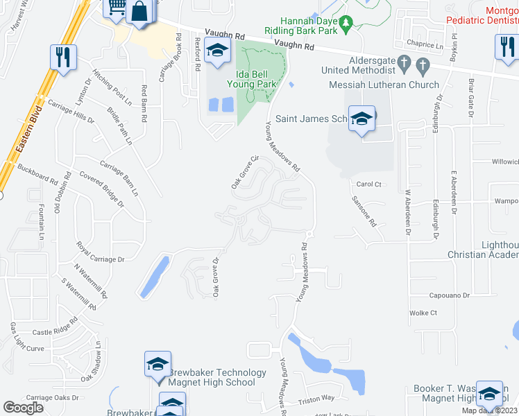 map of restaurants, bars, coffee shops, grocery stores, and more near 3801 Oak Grove Drive in Montgomery