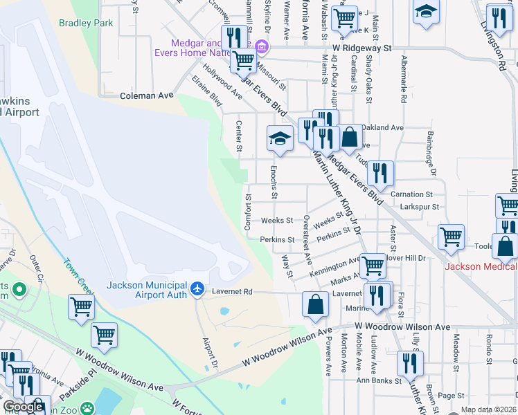 map of restaurants, bars, coffee shops, grocery stores, and more near 1542 Weeks Street in Jackson