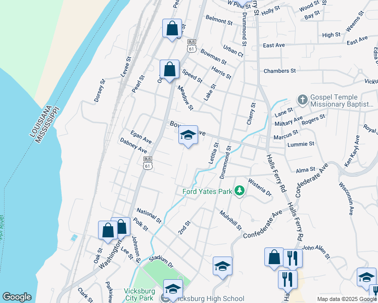 map of restaurants, bars, coffee shops, grocery stores, and more near 912 Bowmar Avenue in Vicksburg