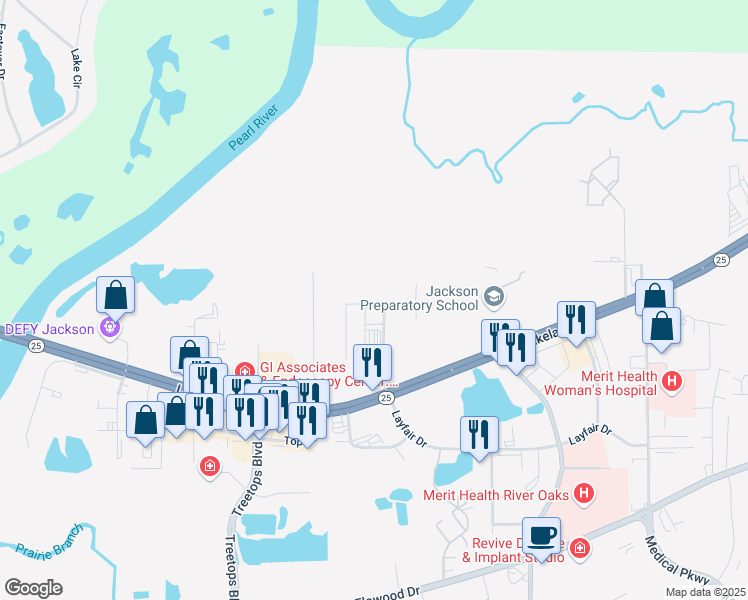 map of restaurants, bars, coffee shops, grocery stores, and more near 2901-2999 North Layfair Drive in Flowood