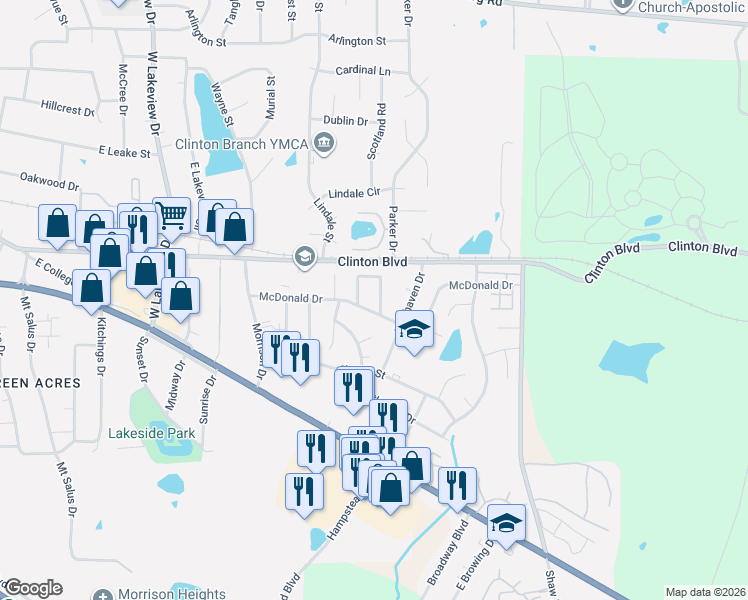 map of restaurants, bars, coffee shops, grocery stores, and more near 109 McDonald Drive in Clinton