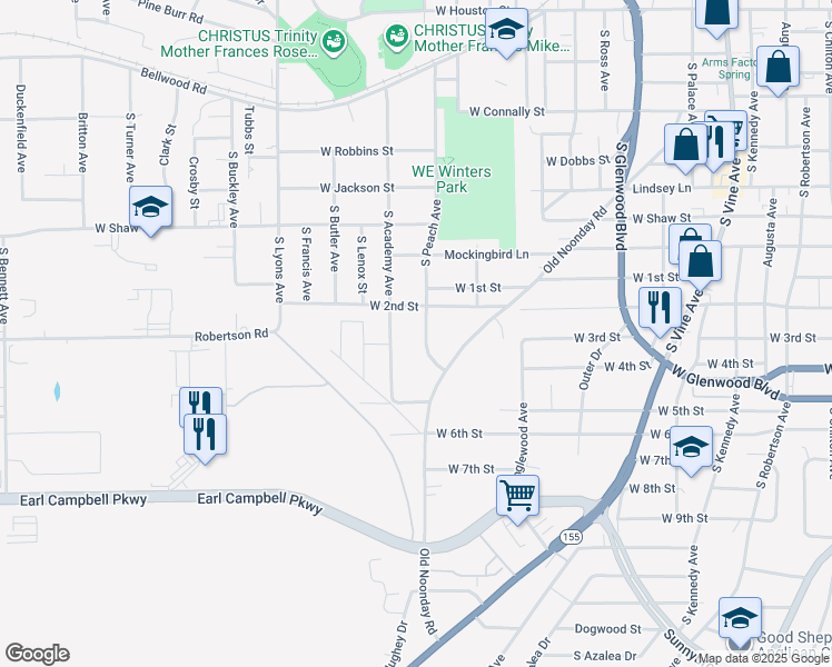 map of restaurants, bars, coffee shops, grocery stores, and more near 1505 South Peach Avenue in Tyler