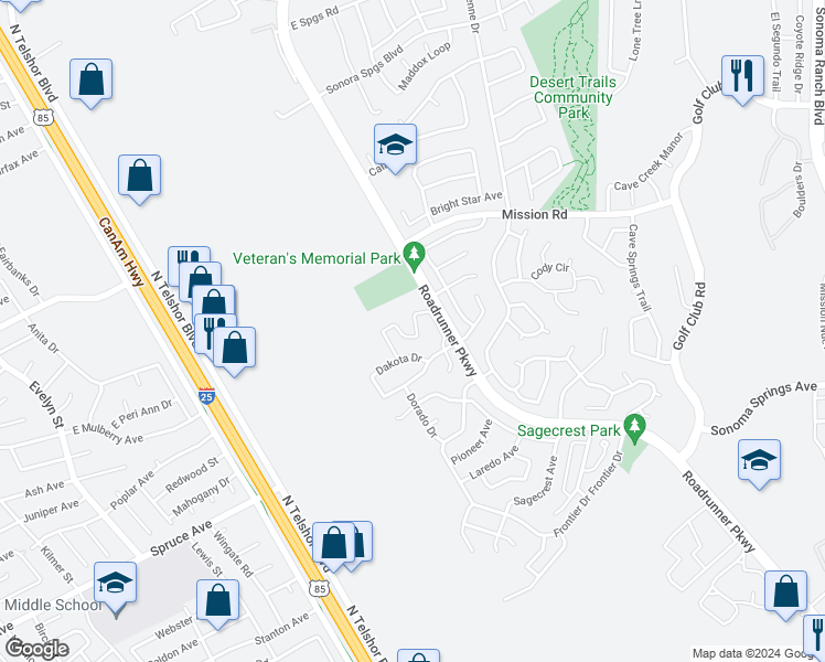 map of restaurants, bars, coffee shops, grocery stores, and more near 2231 Dakota Drive in Las Cruces