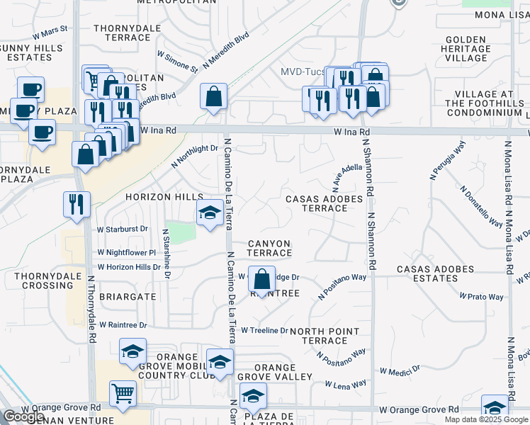 map of restaurants, bars, coffee shops, grocery stores, and more near 6970 North Asterion Lane in Tucson