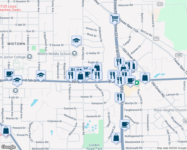 map of restaurants, bars, coffee shops, grocery stores, and more near 2336 East 5th Street in Tyler