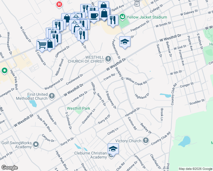 map of restaurants, bars, coffee shops, grocery stores, and more near 816 South Ridgeway Drive in Cleburne