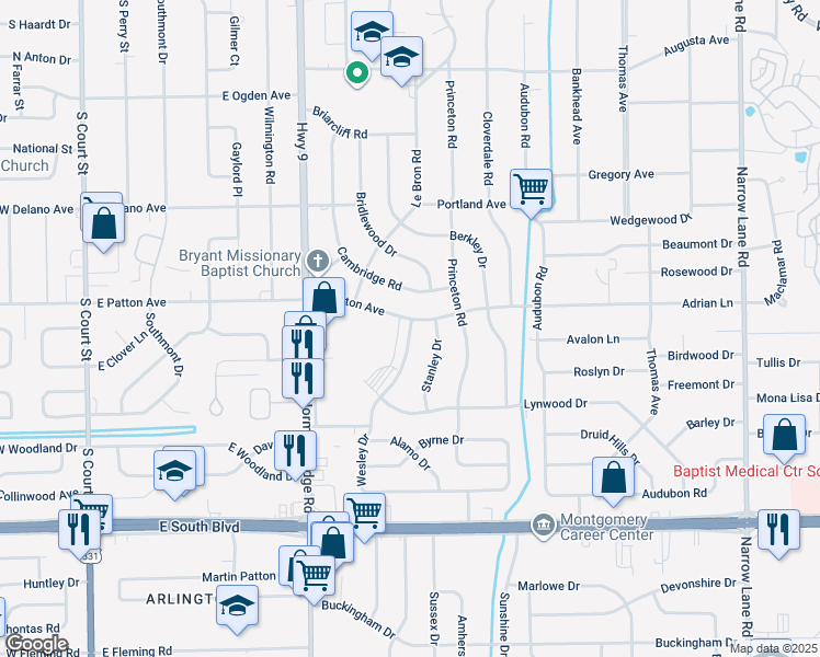 map of restaurants, bars, coffee shops, grocery stores, and more near 3721 Wesley Drive in Montgomery