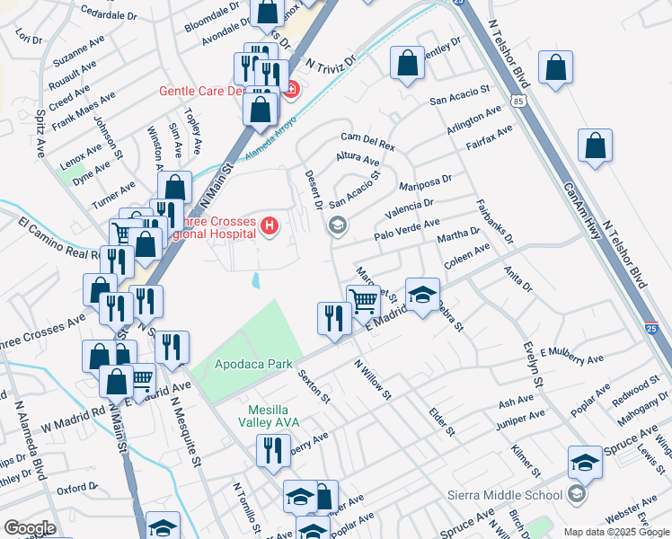 map of restaurants, bars, coffee shops, grocery stores, and more near 2310 Desert Drive in Las Cruces