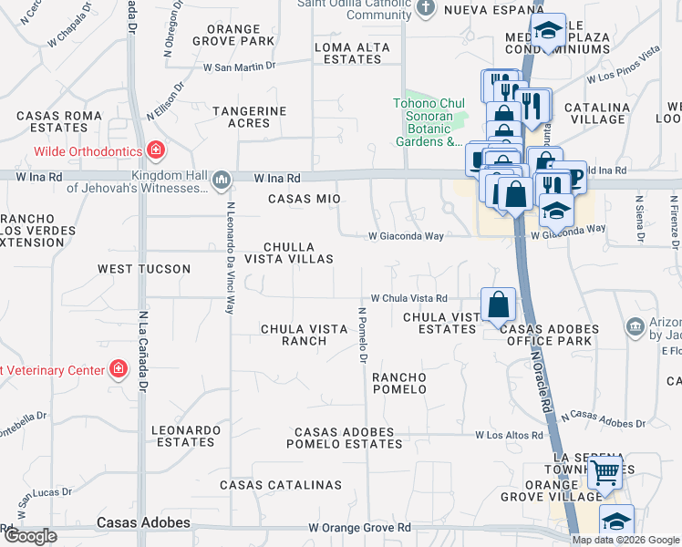 map of restaurants, bars, coffee shops, grocery stores, and more near 7001 North Vista Place in Tucson