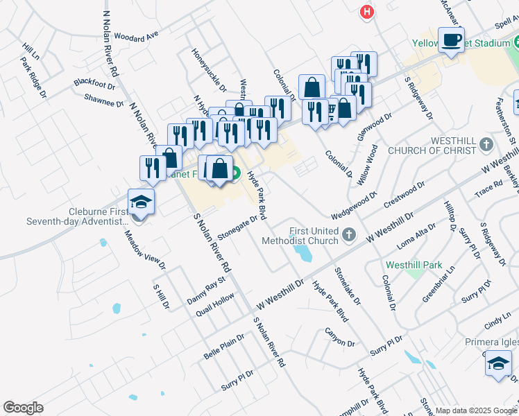map of restaurants, bars, coffee shops, grocery stores, and more near 300 North Hyde Park Boulevard in Cleburne
