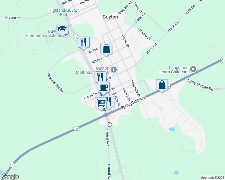 map of restaurants, bars, coffee shops, grocery stores, and more near 302 Pine Street in Guyton