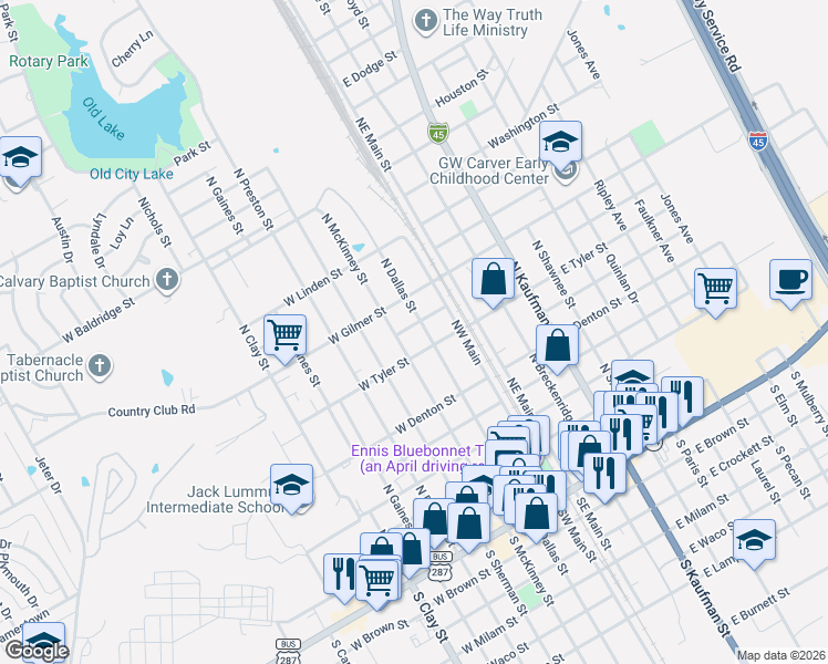 map of restaurants, bars, coffee shops, grocery stores, and more near 909 North Dallas Street in Ennis