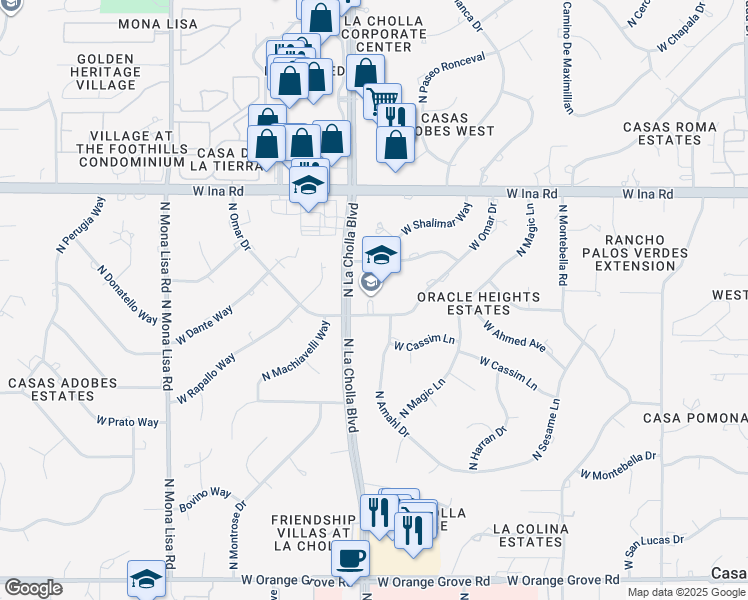 map of restaurants, bars, coffee shops, grocery stores, and more near 2040 West Omar Drive in Tucson