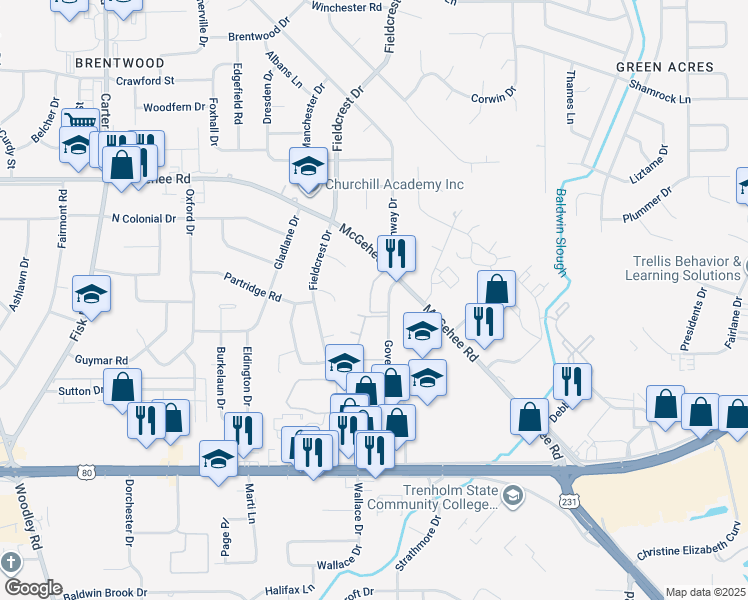 map of restaurants, bars, coffee shops, grocery stores, and more near 3444 Fieldcrest Ct in Montgomery