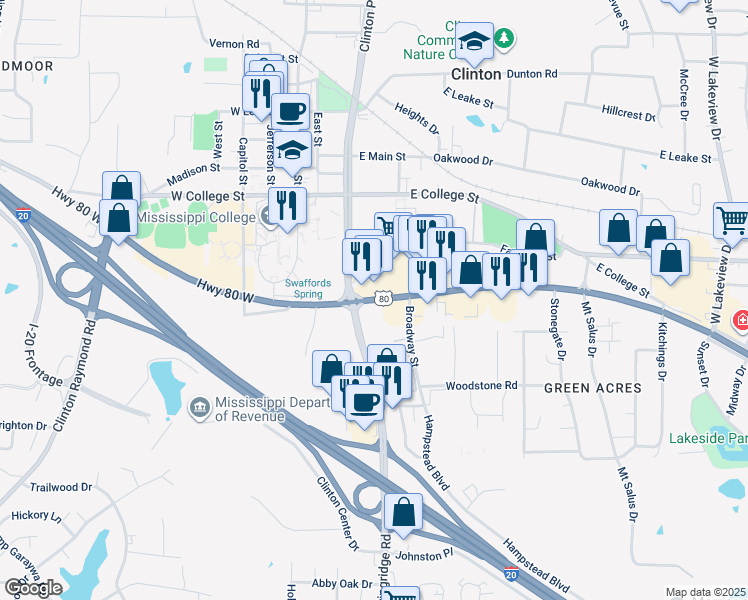 map of restaurants, bars, coffee shops, grocery stores, and more near 101 U.S. 80 in Clinton